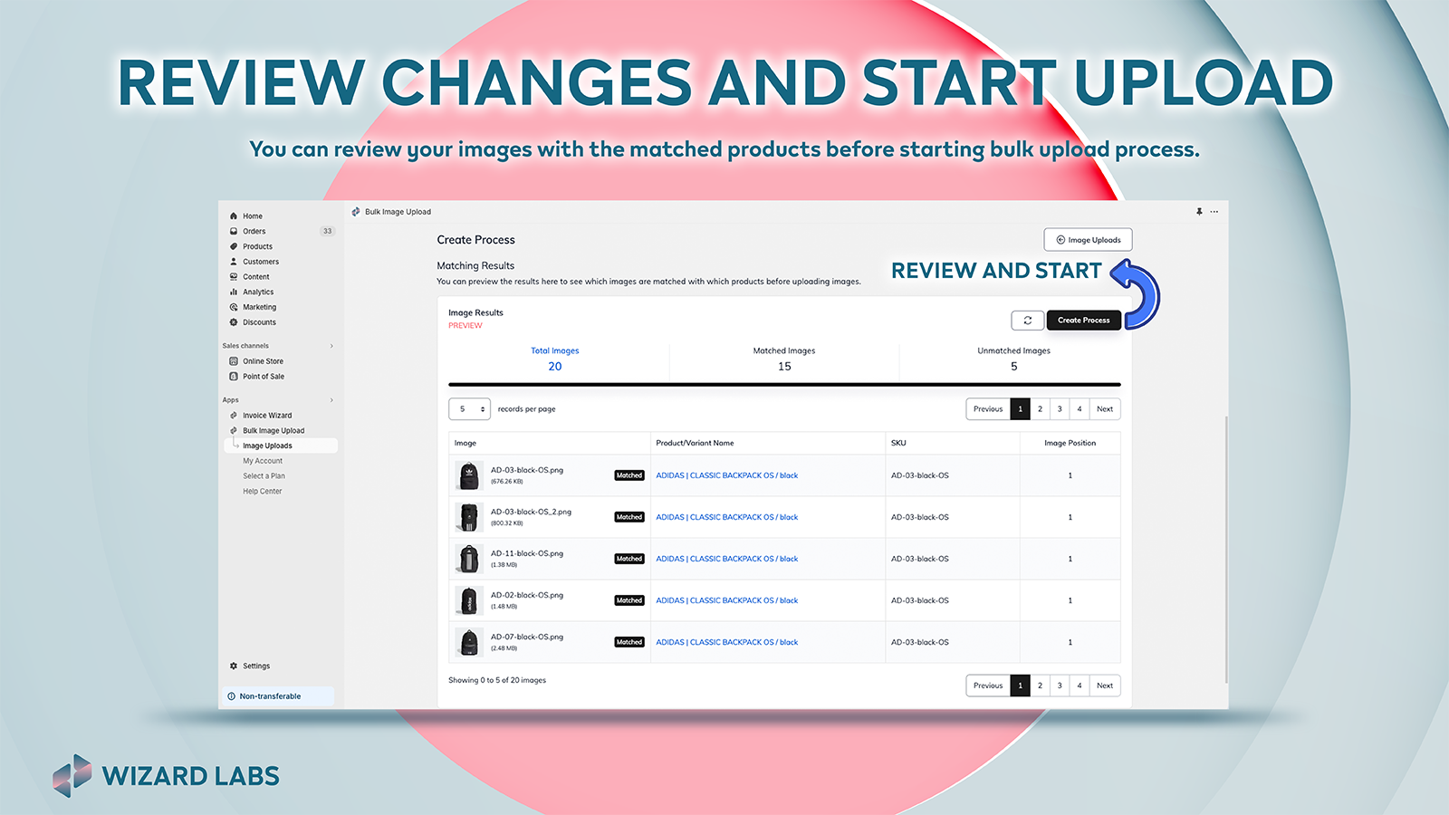 Review changes and start bulk image upload.